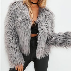 Misguided Collarless Grey Shaggy Coat